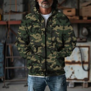 Mens Hooded Camo Jacket Cardigan Sweatshirt Casual Top