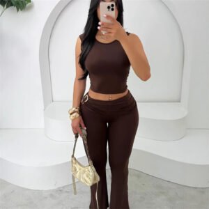 Women's Crop Top Sleeveless Shirt With Tight High-waist Pants Set - Image 4