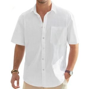 Men's Cotton And Linen Short-sleeved Shirt Casual Button Shirt Top - Image 3