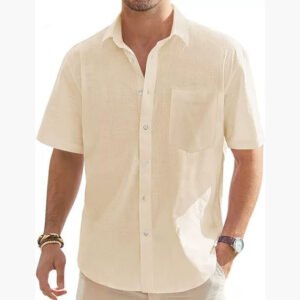 Men's Cotton And Linen Short-sleeved Shirt Casual Button Shirt Top - Image 4