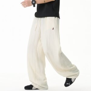 Color-block Embroidery Faux-linen Drapey Casual Pants Summer Thin Long Trousers - Image 5