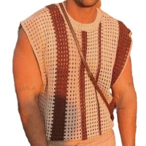 Striped Hollow Knitted T-shirt Men - Image 4