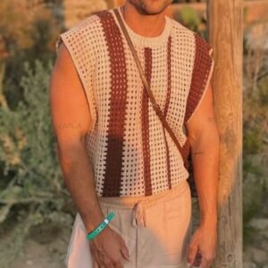 Striped Hollow Knitted T-shirt Men - Image 3