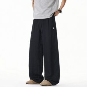 Color-block Embroidery Faux-linen Drapey Casual Pants Summer Thin Long Trousers