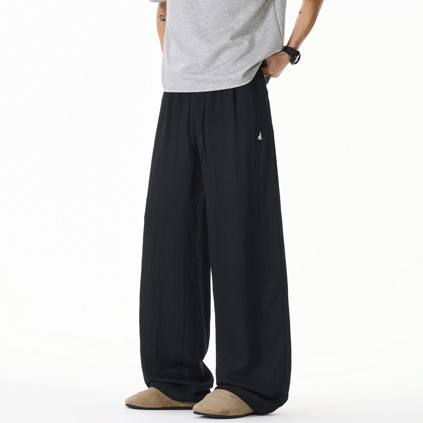 Color-block Embroidery Faux-linen Drapey Casual Pants Summer Thin Long Trousers