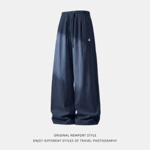 Color-block Embroidery Faux-linen Drapey Casual Pants Summer Thin Long Trousers - Image 3