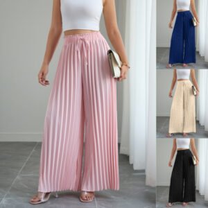 Solid-color Pleated Elastic-waist Drawstring Loose Wide-leg Pants