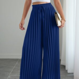 Solid-color Pleated Elastic-waist Drawstring Loose Wide-leg Pants - Image 3