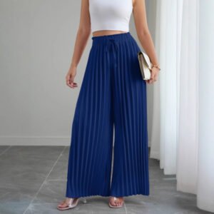 Solid-color Pleated Elastic-waist Drawstring Loose Wide-leg Pants - Image 4