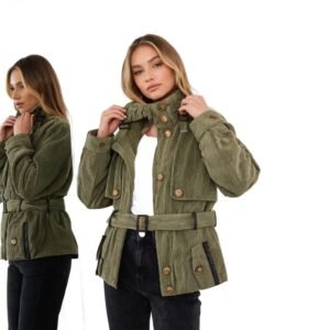 Womens Buttoned Belted Old-money-style Vintage Workwear Jacket